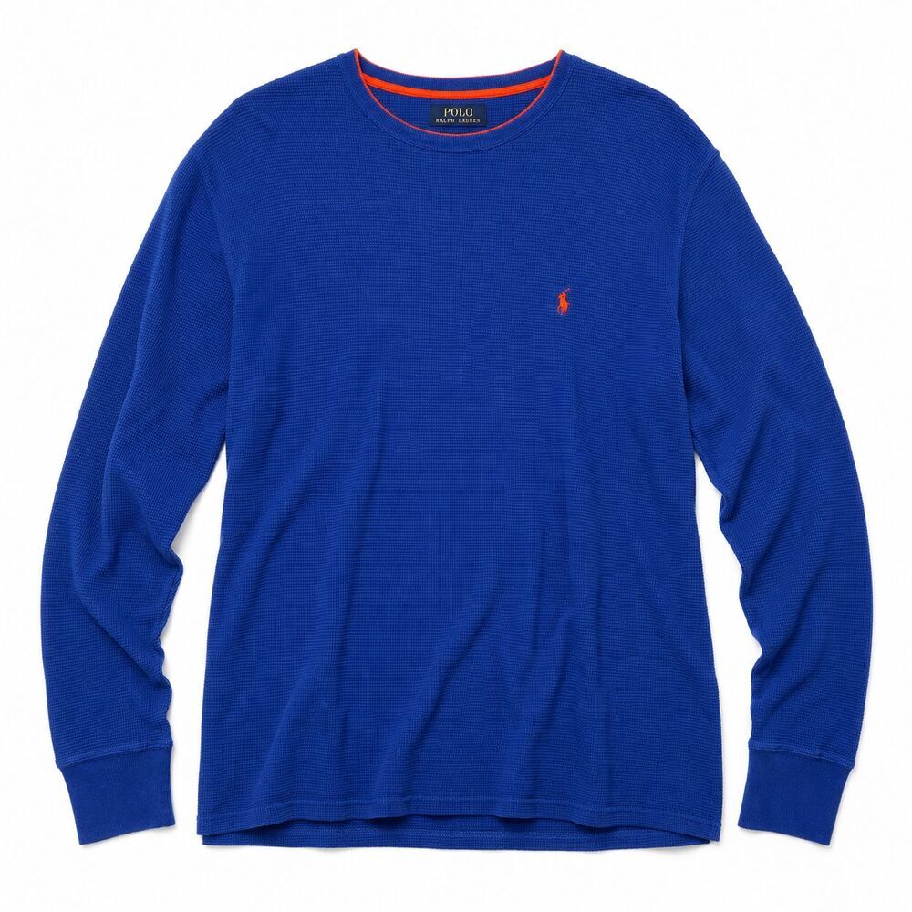 Polo Ralph Lauren Waffle Weave Thermal Shirt Size Large Blue Long Sleeve Logo